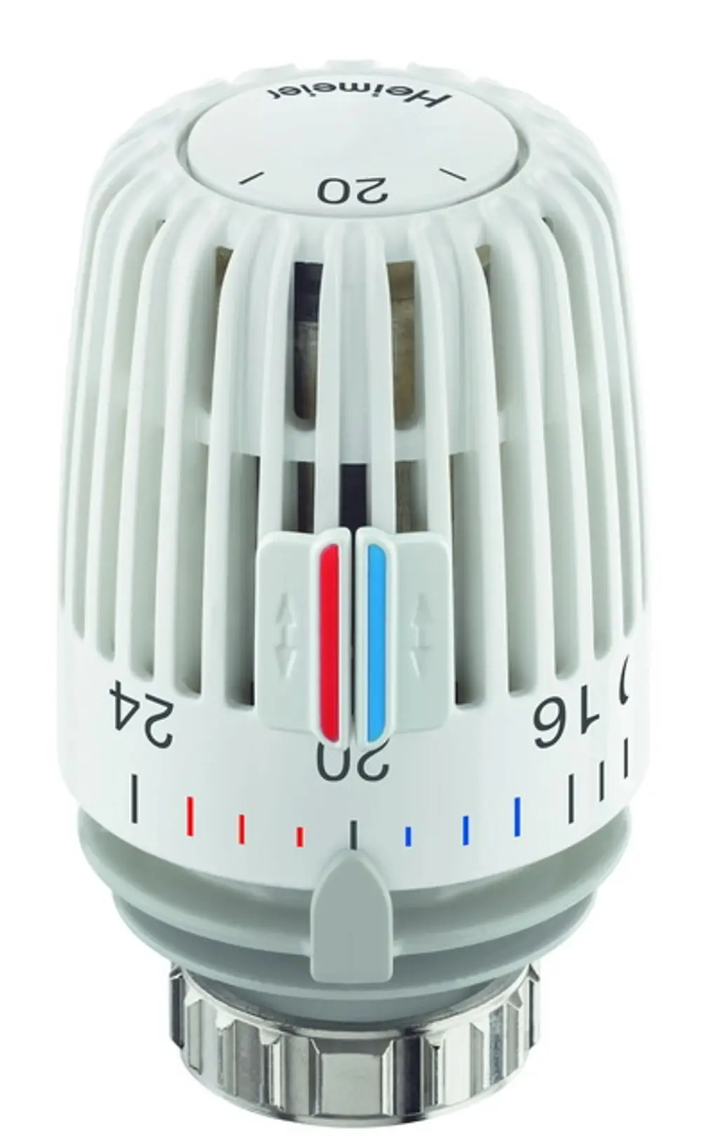 Weißer Thermostatkopf von IMI Hydronic Engineering mit Temperaturwähler und Skala, montiert auf einem Heizkörper, zur Regelung der Raumtemperatur.